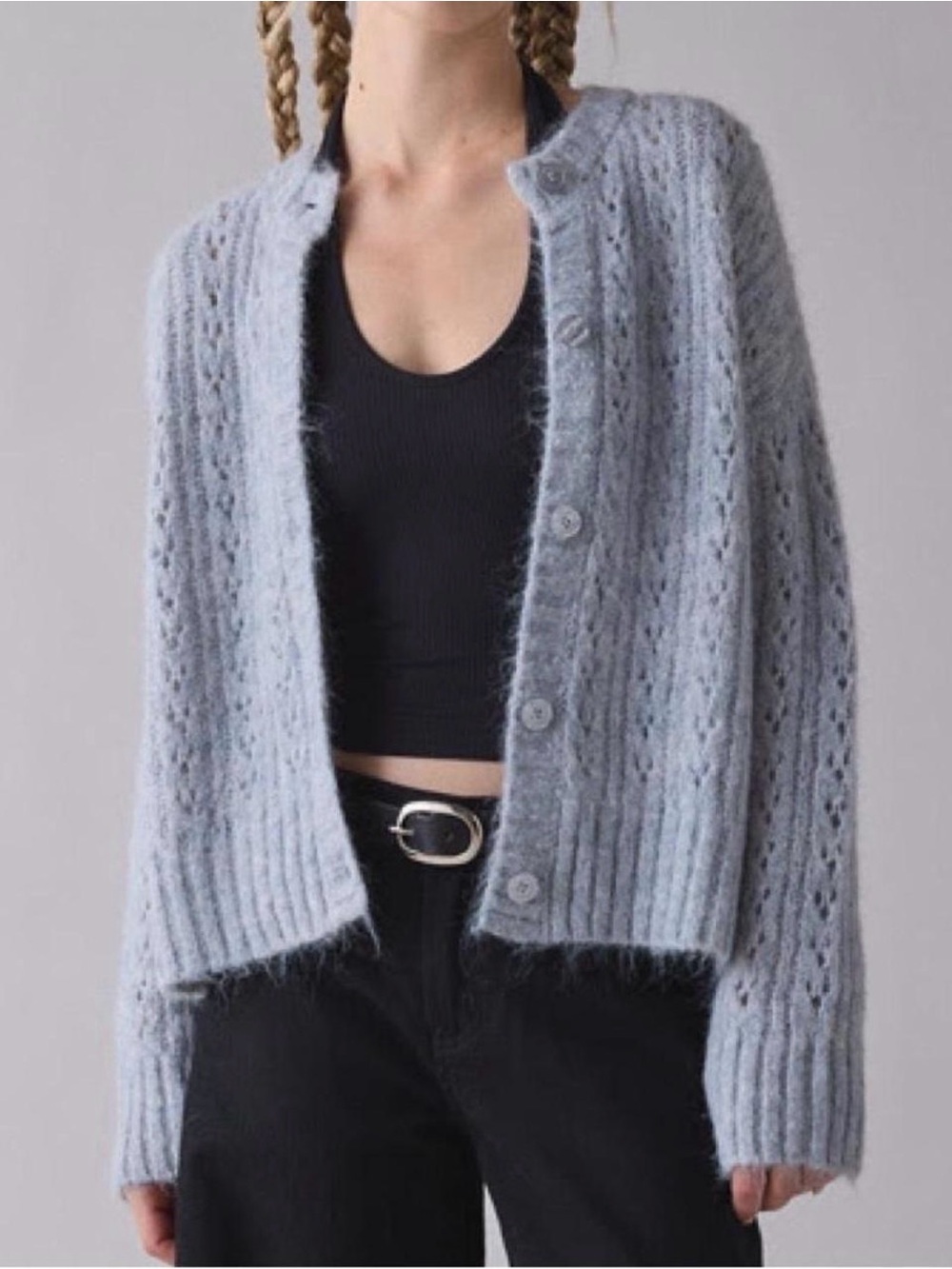 Urban Outfitters BDG Becca Brushed Pointelle Knit Oversized Cardigan Gray